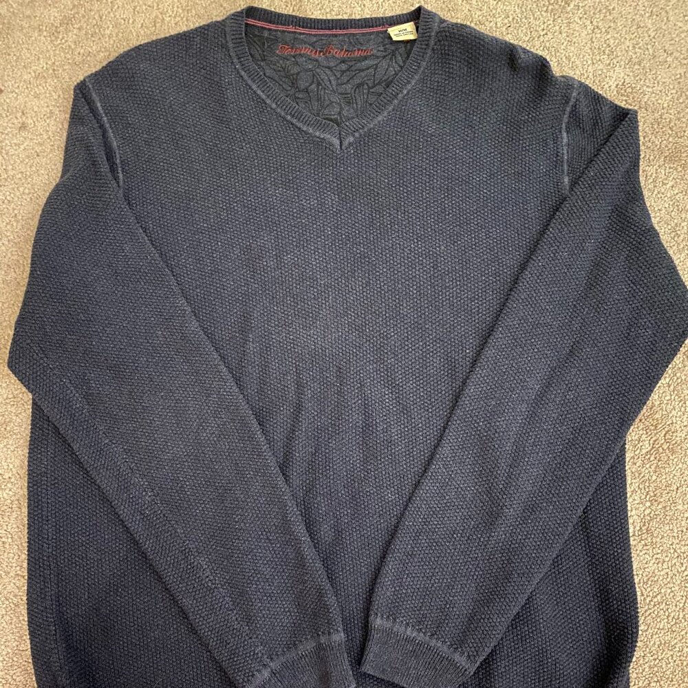 Tommy Bahama Navy Blue V-Neck Sweater (Size M)